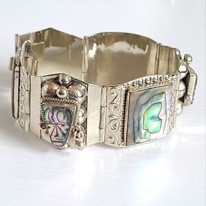 Vintage TAXCO Boho Western Sterling Silver Abalone Shell Wide Link Bracelet